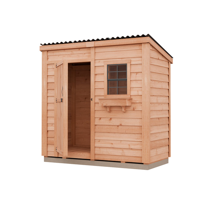 Outdoor Living Today SpaceSaver 8x4 with Single Door, black metal roof, window and flower box, door open on a white background