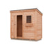 Outdoor Living Today SpaceSaver 8x4 with Single Door, black metal roof, window and flower box, door open on a white background