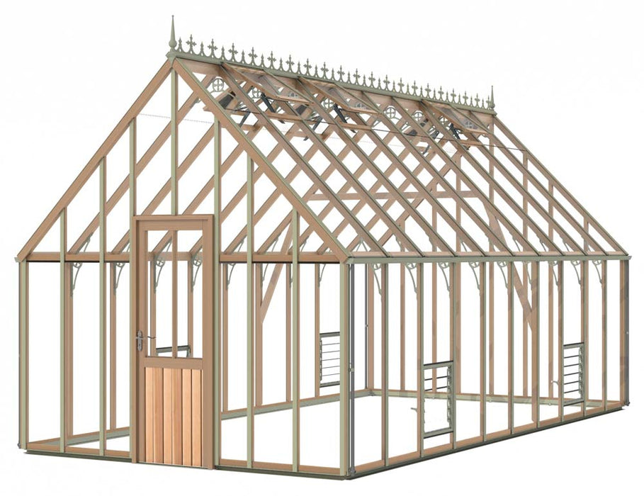 A large, Alton Cedar Lancing 10x20 wooden greenhouse with a pitched roof and ornate cresting.