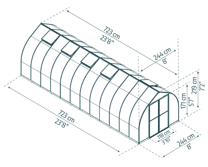 Diagram showing the spacious dimensions of the Canopia Bella 8' x 24' Greenhouse