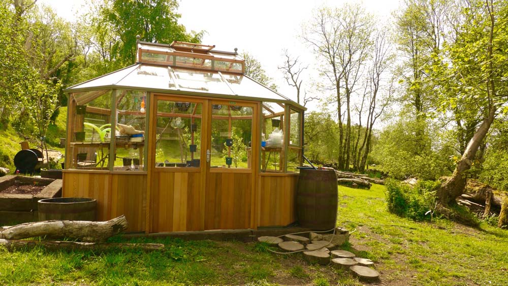 Wide view of the Alton Cedar Structure Evolution Octagonal 9x11, surrounded by planters and natural greenery.