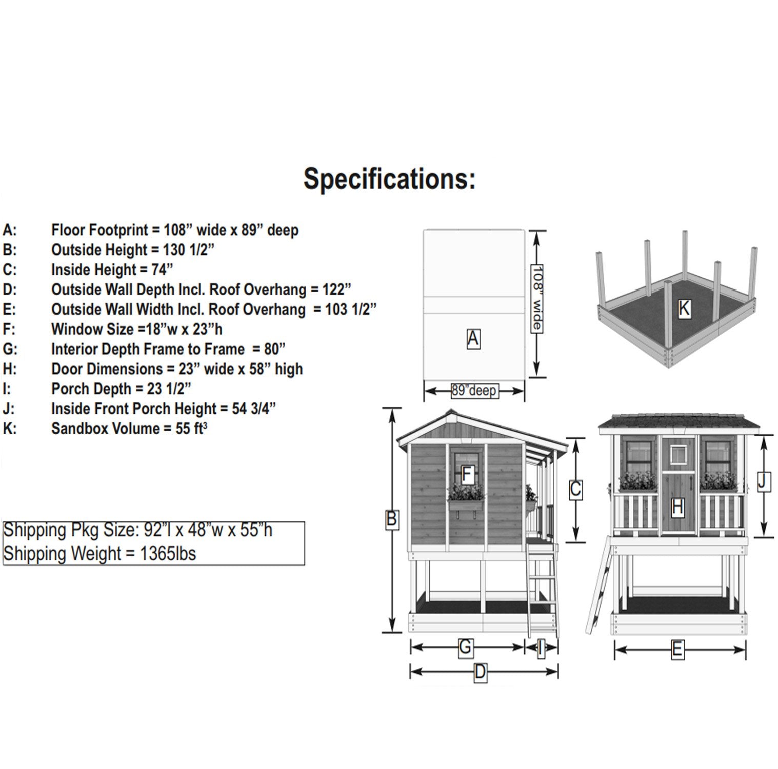 specs of Cozy Cabin Playhouse & Sandbox 7x9