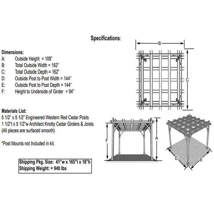Specifications for Outdoor Living Today Pergola with Retractable Canopy 12x12