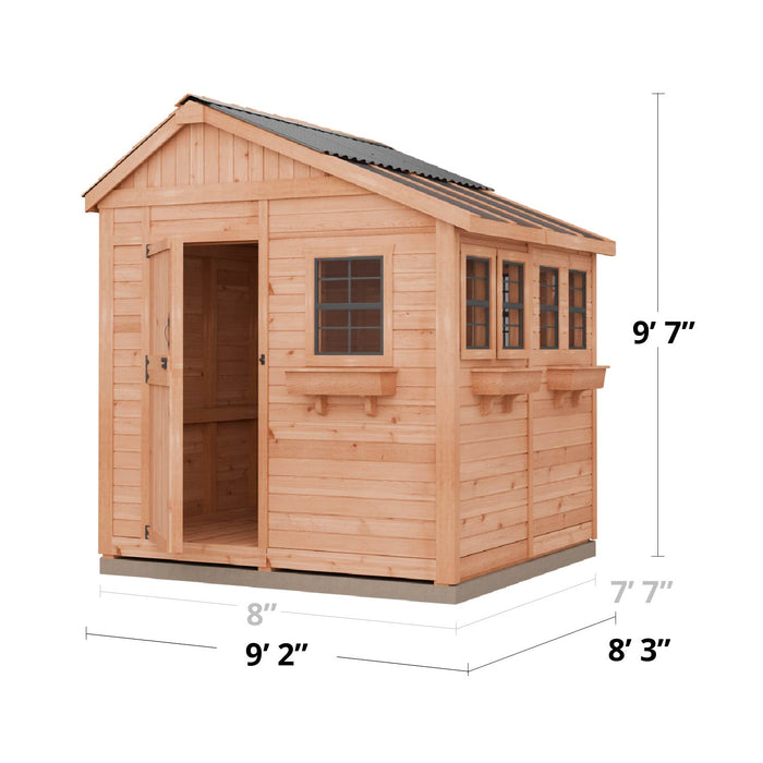 Detailed schematic of the Outdoor Living Today Sunshed 8x8 Garden Shed showcasing dimensions and the architectural design layout