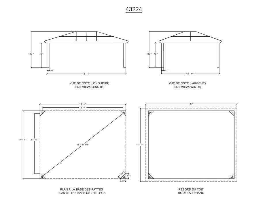 A technical drawing of the 12x14 Venus Gazebo displaying the side view, plan at the base of the legs, and roof overhang with measurements in feet and inches.