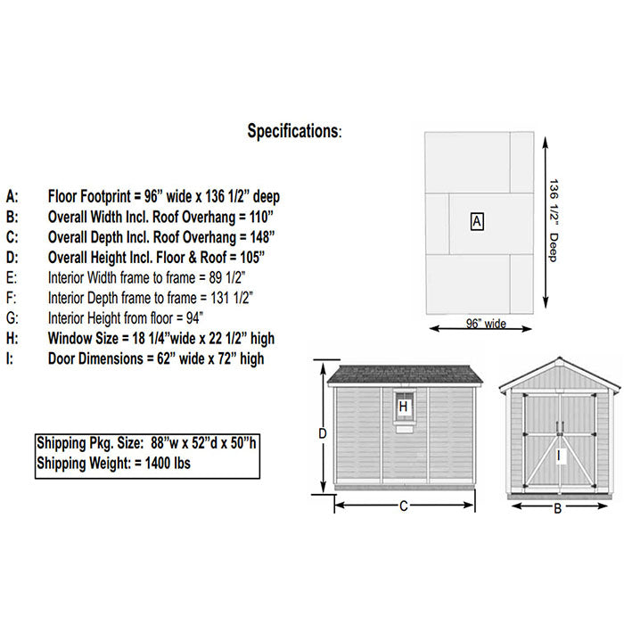 Specifications of the Outdoor Living Today Space Master Storage Shed 8x12