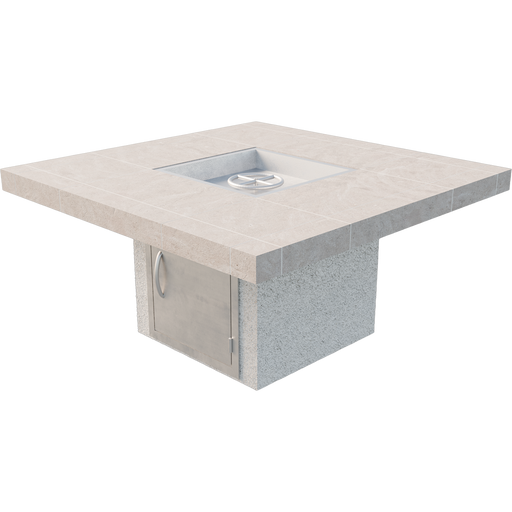 Sedona square 48-inch Cal Flame fire pit featuring tile top and stainless access door.