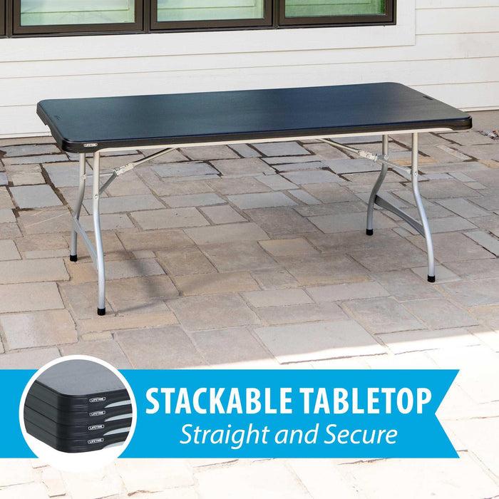 Stackable tabletop of Lifetime 4 Pack 6-Foot Rectangle Nesting Table showing straight and secure nesting design for storage