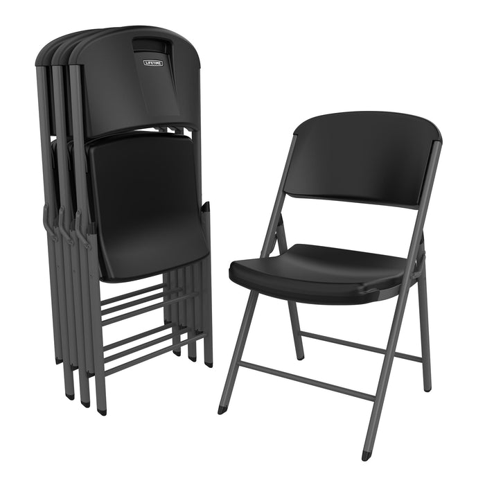 Lifetime 4-Pack Classic Folding Chair in black shown stacked for storage and single chair open with steel frame