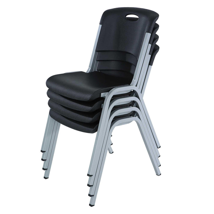 Stacked black chairs from the Lifetime Stacking Chair 4 Pack showing compact storage and steel frame legs.