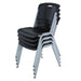 Stacked black chairs from the Lifetime Stacking Chair 4 Pack showing compact storage and steel frame legs.