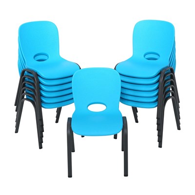 Stacked blue Lifetime kids chairs with curved plastic seats and metal legs, compact storage solution for classrooms, playrooms, and daycare centers