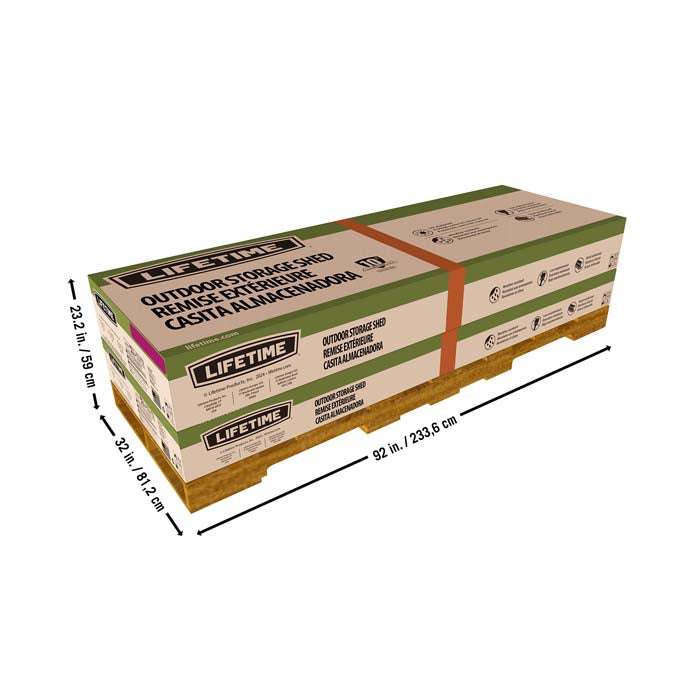 Stacked view of Lifetime Classic 8x5 Outdoor Shed packaging boxes on a pallet.