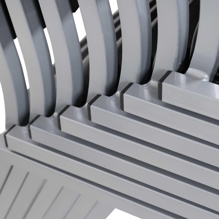 Close up of gray steel frame and stacking alignment detail on Lifetime 14 Pack Stacking Chair