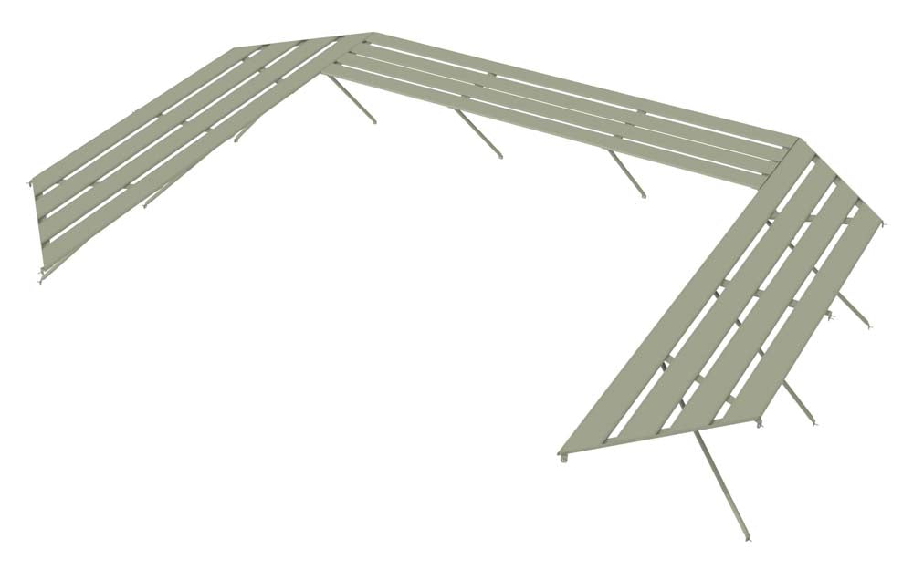 a green, L-shaped bench featuring multi-tiered Alton Cedar Structure Evolution Octagonal staging frame , slatted seats supported by understated metal legs.