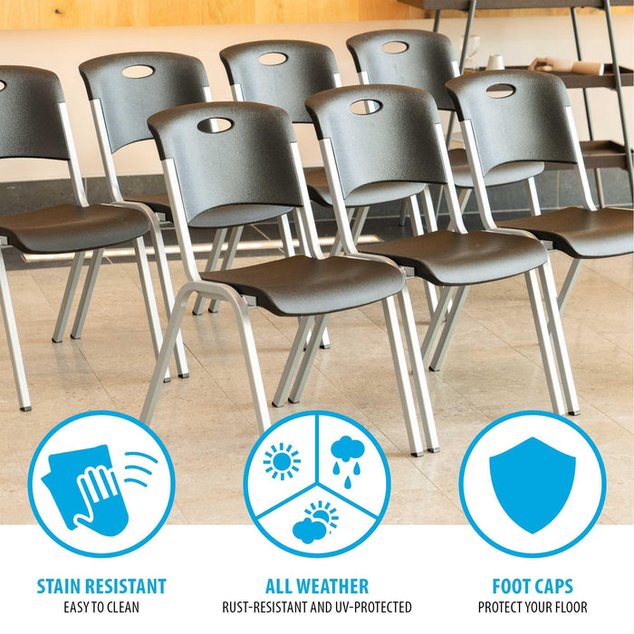Row of Lifetime 4 Pack Stacking Chairs highlighting stain resistant surface, all weather use, and protective foot caps.