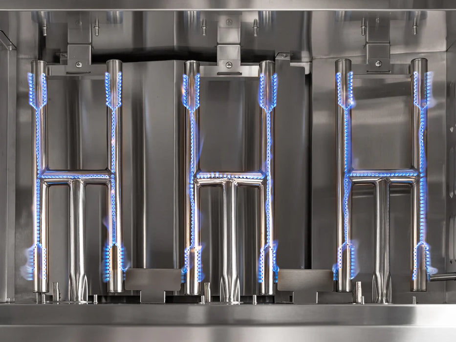 High-performance stainless steel burners with blue flame on the NewAge Outdoor Kitchen Platinum Grill, built for efficient outdoor cooking.