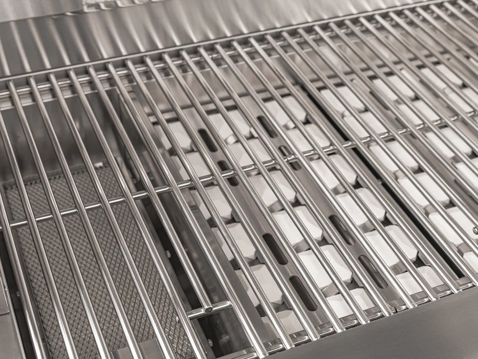 Close-up of stainless steel grill grates from the NewAge Outdoor Kitchen Platinum Grill, highlighting durable construction and cooking surface.
