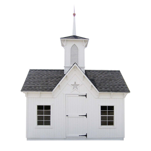 Front-facing view of the Little Cottage Co. Star Barn featuring white siding, dual windows, central door, and tall cupola with spire.