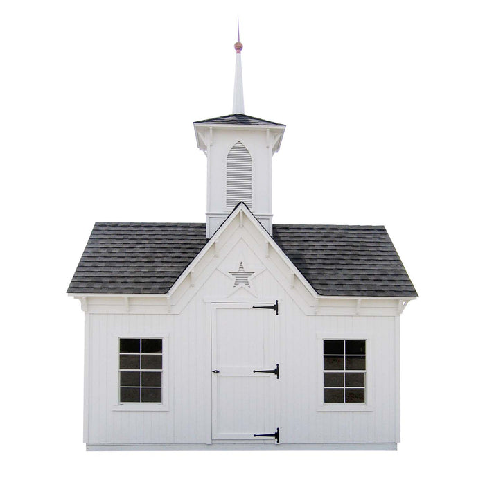 Front-facing view of the Little Cottage Co. Star Barn featuring white siding, dual windows, central door, and tall cupola with spire.