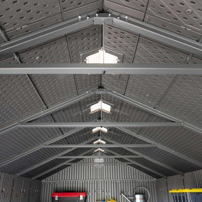 Interior close-up of the Lifetime storage shed's steel A-frame roof trusses.