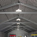 Interior close-up of the Lifetime storage shed's steel A-frame roof trusses.
