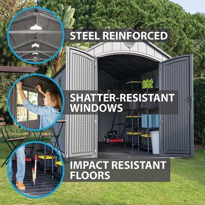 Lifetime storage shed feature callouts: steel reinforced frame, shatter-resistant windows, impact-resistant floor.