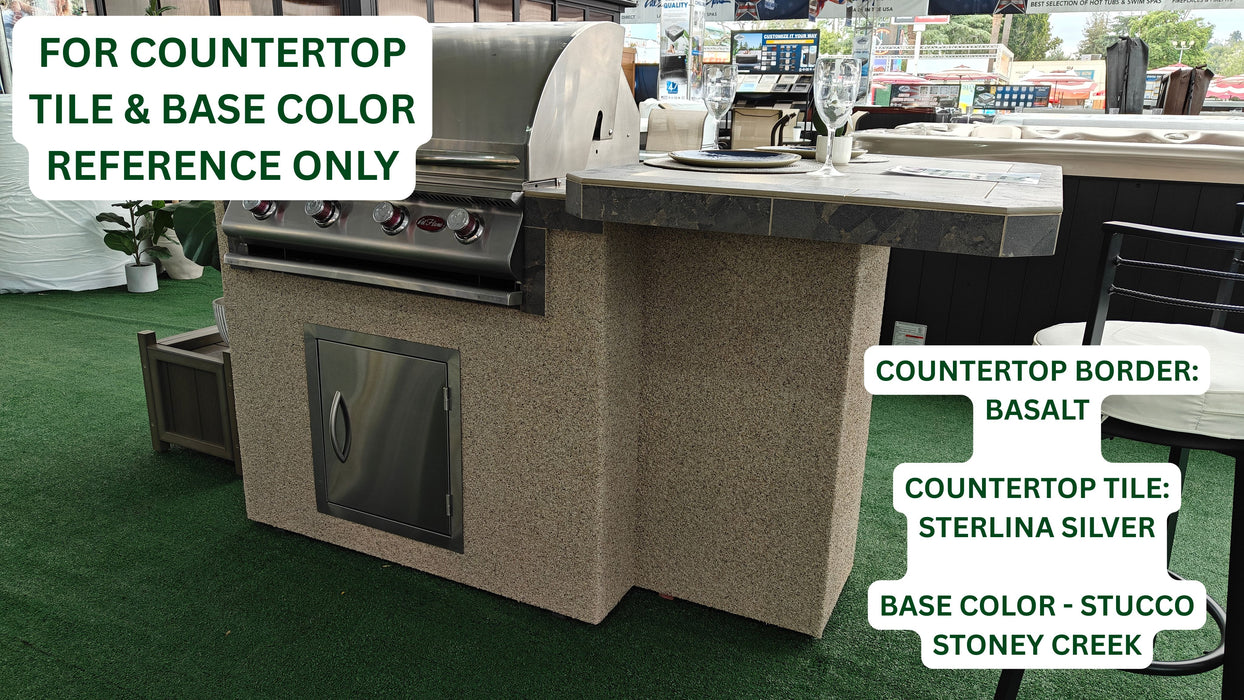 8 ft BBQ Island BBK-830 from Cal Flame with Sterlina Silver countertop, Basalt trim, stoney creek stucco, and stainless steel appliances.