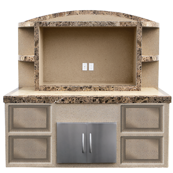 Outdoor TV entertainment center with stone trim, open shelves, and storage base on the ODC-2 unit.