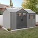 Studio product shot of the Lifetime 12.5x8 ft. storage shed, front angle, showing roof skylights, closed doors.