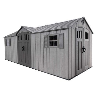 Studio corner angle shot of the Lifetime 20x8 ft. storage shed showing both dual-entry door locations.