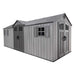 Studio corner angle shot of the Lifetime 20x8 ft. storage shed showing both dual-entry door locations.