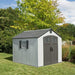 Lifetime 8x10 ft. storage shed in a backyard with tree backdrop, front angle view with closed doors.