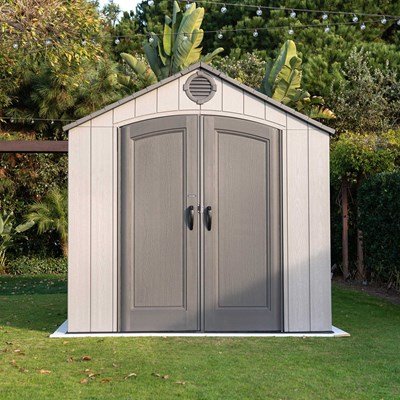 Straight-on front view of the Lifetime 8x15 ft. outdoor storage shed with closed double doors.