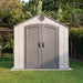Straight-on front view of the Lifetime 8x15 ft. outdoor storage shed with closed double doors.