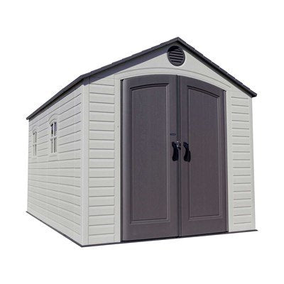 Studio product shot of the Lifetime 8x15 ft. storage shed, front angle, closed doors.