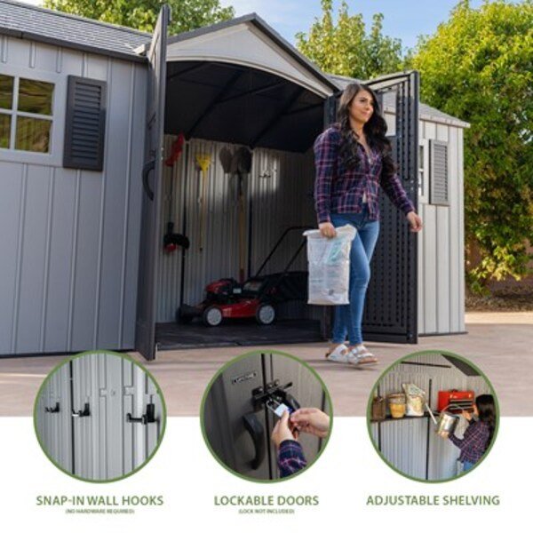 Lifetime 15x8 ft. dual entry storage shed installed on a desert patio, front angle, closed doors.