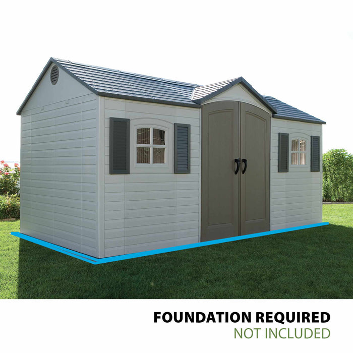 Lifetime 15x8 ft. storage shed studio shot noting foundation required, not included.