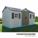 Lifetime 15x8 ft. storage shed studio shot noting foundation required, not included.