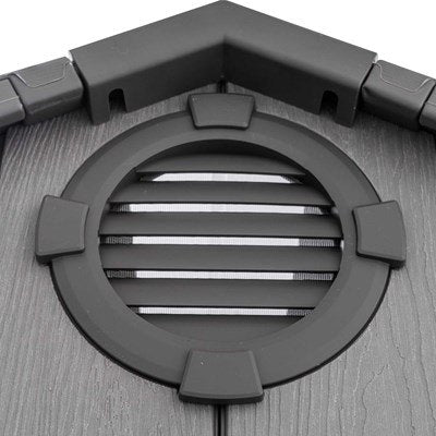 Close-up of the Lifetime storage shed's gable vent and roof corner detail.