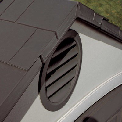 Close-up of the Lifetime storage shed's gable vent and roof corner detail.