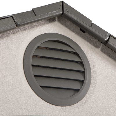 Close-up of the Lifetime storage shed's gable vent and roof peak detail.