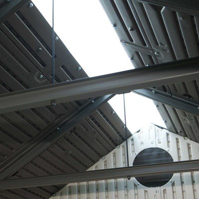 Interior view of the Lifetime 8x10 ft. storage shed's roof truss and four-panel skylight.