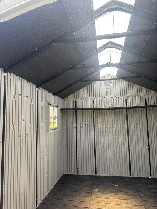 Interior view of the Lifetime 8x10 ft. storage shed showing the roof trusses and extra-wide skylight.