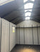 Interior view of the Lifetime 8x10 ft. storage shed showing the roof trusses and extra-wide skylight.