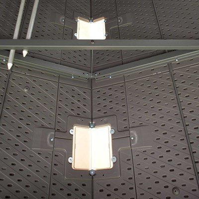 Interior view of the Lifetime 8x5 ft. storage shed's roof truss and two skylight panels.