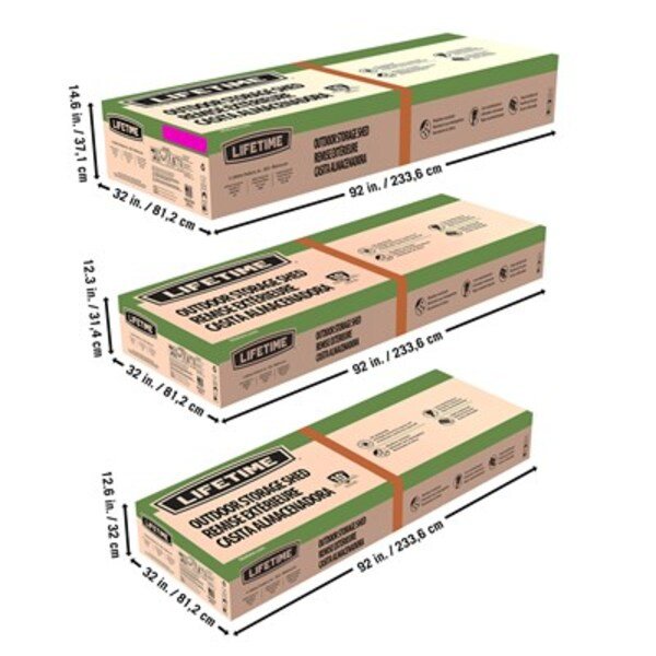 Lifetime dual entry storage shed shipping boxes shown individually with dimension measurements.