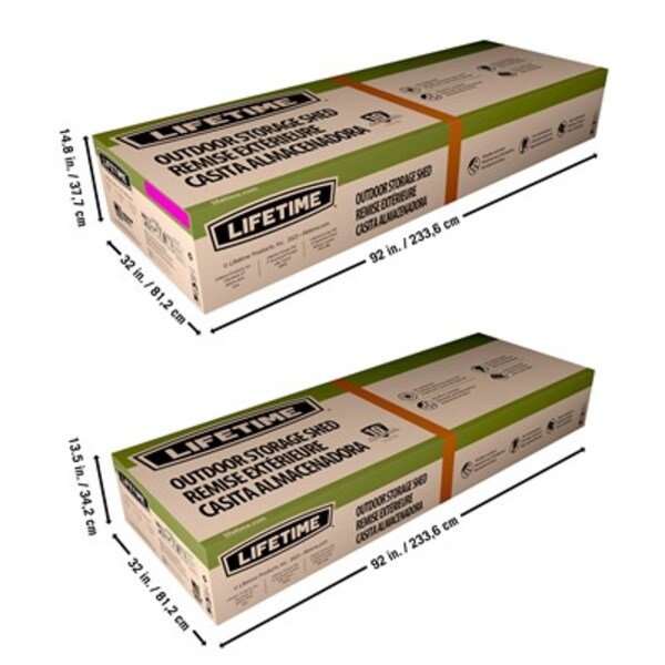 Lifetime 10x8 ft. side entry storage shed shipping boxes with dimensions labeled.
