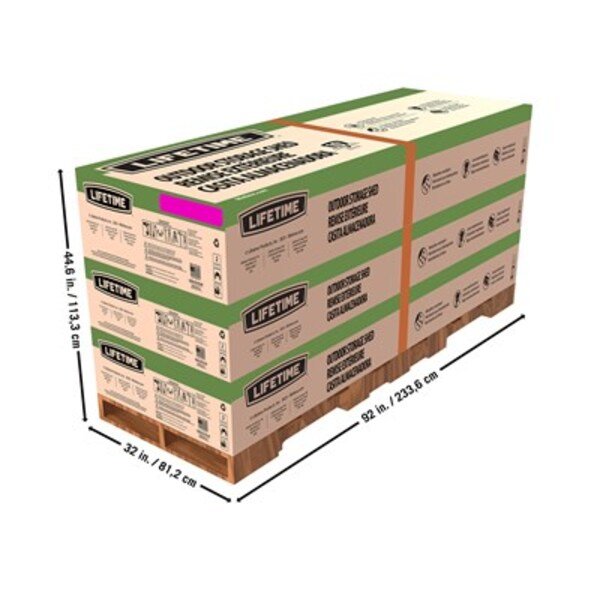 Lifetime 15x8 ft. dual entry storage shed shipping boxes stacked three-high on a pallet.
