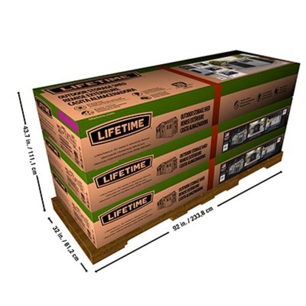 Lifetime 15x8 ft. dual entry storage shed shipping boxes stacked on a pallet.